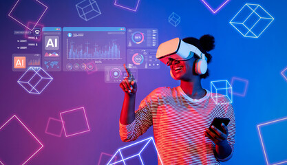 Poster - A woman interacts with virtual technology using a headset while analyzing data. The scene showcases an engaging, colorful environment highlighting innovation in digital experiences. XDMCP