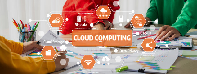 Poster - A vibrant collaborative workspace highlighting cloud computing concepts, featuring teamwork, data privacy strategies, and modern business solutions in a bright office setting. Amity