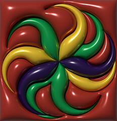 Poster - Volumetric abstract pattern with glossy curved petals in yellow, green and purple tones on a red background. Floral fantasy in 3D rendering illustration