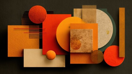 Poster - A collection of geometric shapes, including circles and squares, arranged in various sizes and warm colors like orange and yellow. The composition contrasts against a dark background, creating depth.