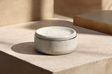 Aufkleber - Minimalist round ceramic container with lid on terrazzo slab, neutral beige background, soft natural sunlight, modern product display, calm and serene atmosphere