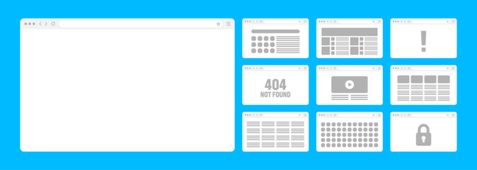Fototapete - Web browser window, pages layout with toolbar and search field. Modern website, internet page in flat style. Browser mockup for computer, tablet and smartphone. Adaptive UI. Vector illustration