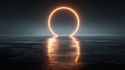 Wall Mural - a large glowing circle forms above calm water at night, casting a warm light on the surface. the sce