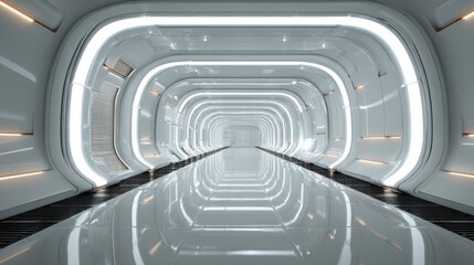 Poster - A corridor features a sleek, futuristic design with glowing white lights illuminating its surfaces. The smooth reflective floor enhances the modern atmosphere.