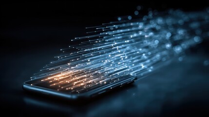 Fototapete - Glowing data streams burst forth from a smartphone, creating an energetic display in a dark setting. This conveys the rapid exchange of information in the digital age.