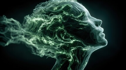 Poster - A stunning representation of a woman's head formed from soft, swirling green smoke, embodying creativity and inspiration. The dark background enhances the ethereal effect.