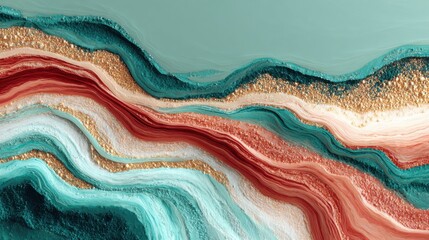 Poster - Swirling lines of teal, red, and gold create a mesmerizing abstract composition. This artwork showcases rich textures and fluid movement that evoke a sense of calm and elegance.