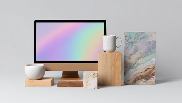 Digital display product mockup with wooden and marble accents