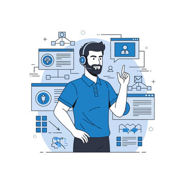 A man with a headset stands amidst digital interfaces, pointing upwards, representing customer support or technical assistance.