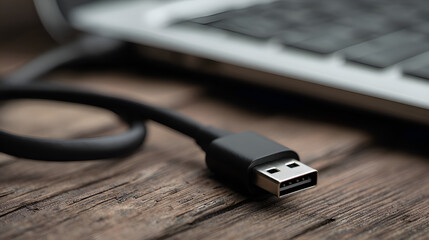 Poster - Usb cable lying on wooden desk next to laptop keyboard