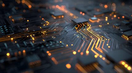 Poster - Futuristic circuit board pulsating with data flowing through connections