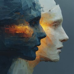 Poster - Digital artwork displays two faces in profile, one shadowy and dark, the other bright and light, symbolizing contrasting emotions and human experiences in a modern style.