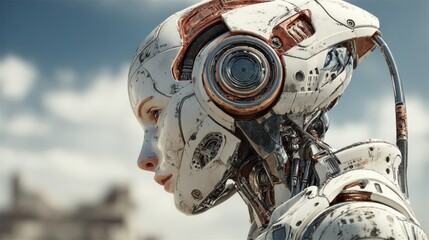 Poster - A humanoid robot with detailed metallic features and exposed wiring is positioned against a backdrop of a futuristic city during the day. The sunlight emphasizes its design.
