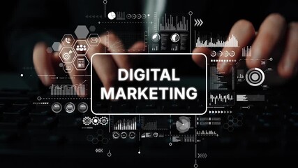 Poster - Hands Typing on Keyboard with Digital Marketing Graphics and Data Visualization Elements for Online Promotion Strategy. Asymptotic smart data analytic.
