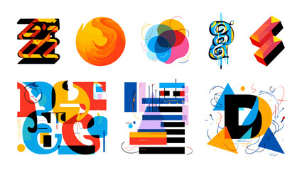 Poster - Collection of abstract shapes and forms in vibrant colors on a white background artwork display