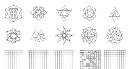 Poster - Collection of geometric shapes and grid patterns arranged in rows on a white background art design