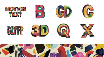 Poster - Illustration featuring colorful text and letters including motion text glyff and alphabet letters b c d q x all in d