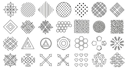 Poster - Collection of geometric shapes and patterns including lines dots honeycombs hearts and arrows in black and white