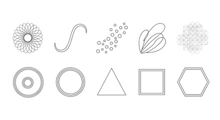 Poster - Illustration of various geometric shapes and abstract designs in a black and white line drawing style