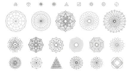 Poster - Collection of abstract geometric shapes and patterns in black and white line art illustration style