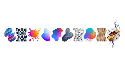 Poster - Assorted abstract shapes with various patterns and textures arranged horizontally on a white background