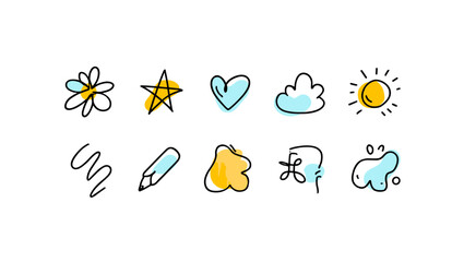 Poster - Ten doodle style drawings of a flower, star, heart, cloud, sun, scribble, pencil, blob, swirl, and drops