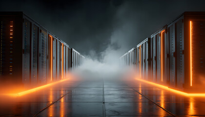 Poster - Data center corridor with server racks emitting bright orange light. Modern tech, digital infrastructure concept with futuristic design. Server room with computing cloud storage. Secure database,