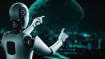 Poster - AI robot huminoid uses cloud computing technology to store data on online server . Futuristic concept of cloud information storage analyzed by machine learning process . 3D rendering .