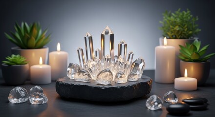Poster - Zen arrangement of luminous crystal placed on stone base complemented by aromatic candles and potted plants.