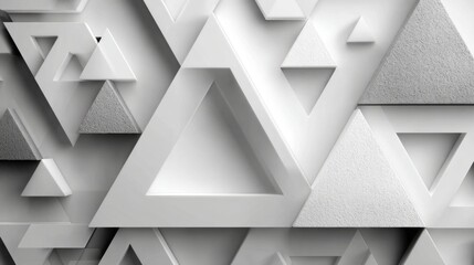 Fototapete - The image is a white and gray abstract design of triangles. The triangles are arranged in various sizes and orientations, creating a sense of depth and movement. Scene is one of creativity