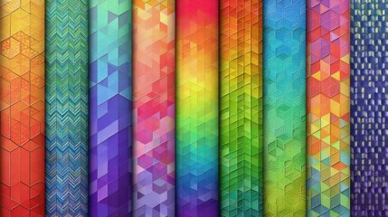 Poster - A row of colorful fabric strips with a rainbow pattern. The strips are arranged in a row, with some overlapping and others standing alone. Scene is vibrant and cheerful