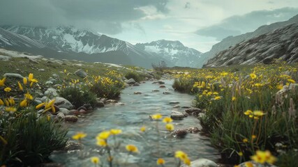 Aufkleber - A serene landscape with a small stream flowing through a lush green valley