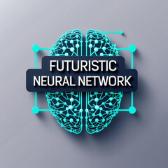 Fototapete - Illustration of a glowing teal brain with connecting nodes and lines on a gray surface with text overlay