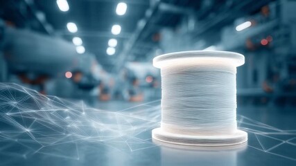 Poster - Glowing fiber optic cable spool symbolizes innovation in a modern factory, emphasizing the integration of network technology and advanced manufacturing for high speed data transmission