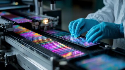 Poster - Gloved hands carefully examine vibrant samples on a conveyor belt, illuminated by specialized equipment in a high tech production setting, suggesting advanced material analysis and quality control