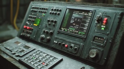 Aufkleber - Futuristic control panel with buttons, knobs, and digital displays showing complex data on a monitor, suggesting advanced technology and innovation in a dimly lit environment
