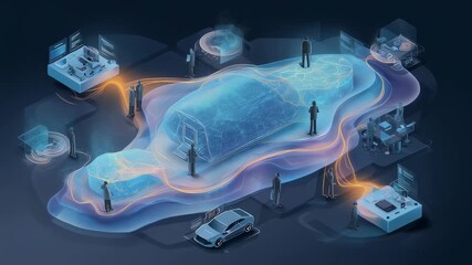 Aufkleber - Engineers are developing innovative self driving vehicle technology. Connecting data maps and holographic projections in a futuristic isometric illustration. Symbolizing the future of transportation