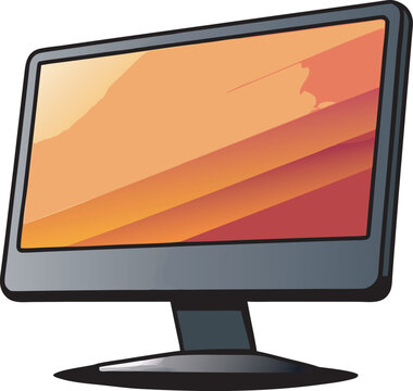 A digital illustration of a modern flat screen computer monitor with an orange and red abstract display, isolated on a white background.