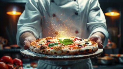 Aufkleber - A chef holds a delicious-looking pizza on a plate, ready to serve