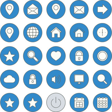 Collection of white outline icons on blue circular backgrounds with grey borders symbol