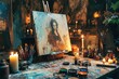 © Sudipta - A Renaissance painter's workspace, a half-finished masterpiece on the easel, oil paints and brushes scattered around, candle-lit ambiance
