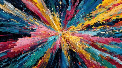Poster - A colorful explosion of paint splatters in a circular shape. The colors are bright and vibrant, creating a sense of energy and excitement. The painting seems to be a representation of the chaos