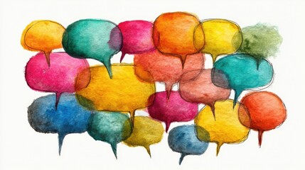 Aufkleber - A colorful drawing of many speech bubbles with different colors. The drawing conveys a sense of communication and connection between people