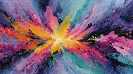 Poster - A painting of a colorful explosion with a yellow center. The explosion is made up of many different colors, including red, blue, and green. The painting has a sense of energy and excitement