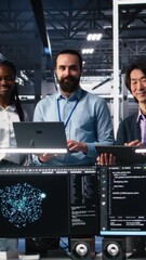 Aufkleber - Vertical video Portrait of smiling engineers in data center code with generative AI assistance. Happy IT experts doing brainstorming, leveraging artificial intelligence large language model to solve