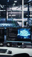 Poster - Vertical video Data center PC screens monitoring backend hardware performance used in AI LLM model development and automation workloads. Workstation monitors overseeing server rigs equipment