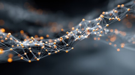 Poster - A long line of orange and black dots that are connected to each other. The image has a futuristic and scientific feel to it