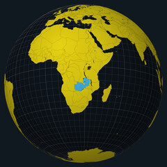 Poster - Republic of Zambia on Globe. Country view on the world map in Charcoal Bright Yellow color palette. Zambia shape on map. Globe with meridians, parallels, countries, rivers and lakes.