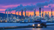 © Maksym - Moody twilight scene with oil tanker truck approaching refinery complex, horizon lit with intense sunset colors, thick plumes of steam rising from industrial stacks.