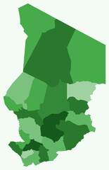 Poster - Map of Chad with regions. Just a simple country border map with region division. Green color palette. Flat Republic of Chad shape with administrative division. Vector illustration.